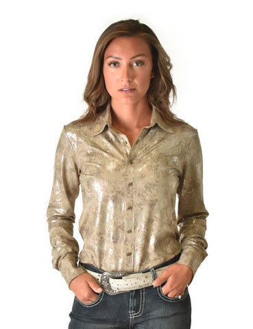 Cowgirl Tuff Womens Metallic Snakeskin Tan Polyester L/S Shirt