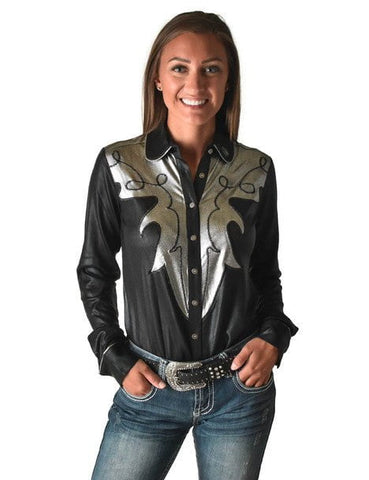 Cowgirl Tuff Womens Western Metallic Black/Silver Polyester L/S Shirt