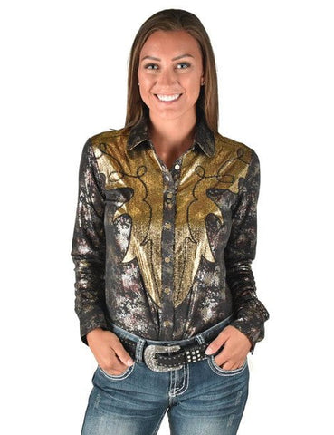 Cowgirl Tuff Womens Western Metallic Black/Gold Polyester L/S Shirt