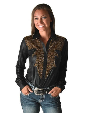Cowgirl Tuff Womens Western Metallic Black/Leopard Polyester L/S Shirt