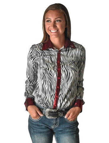 Cowgirl Tuff Womens Zebra Metallic Black/White Polyester L/S Shirt