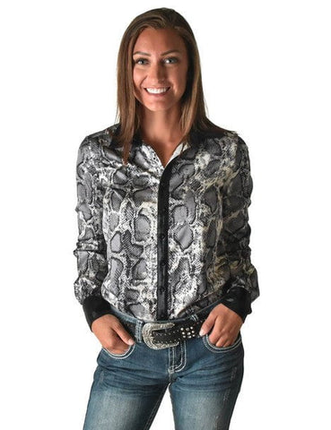 Cowgirl Tuff Womens Satin Snakeskin Black Polyester L/S Shirt