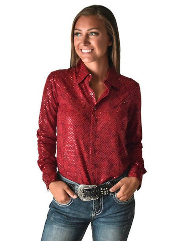 Cowgirl Tuff Womens Metallic Snakeskin Bling Red Poly/Spandex L/S Blouse