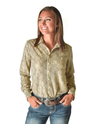 Cowgirl Tuff Womens Metallic Snakeskin Cream Polyester L/S Shirt