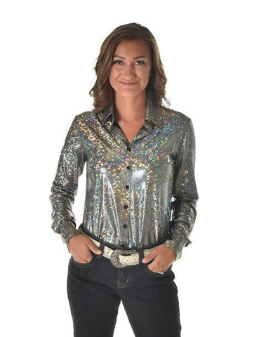 Cowgirl Tuff Womens Holographic Lightweight Silver Polyester L/S Shirt