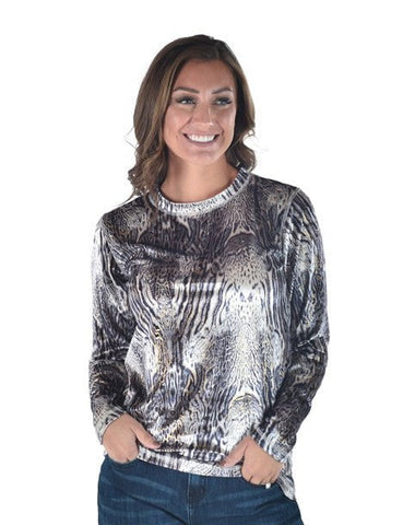 Cowgirl Tuff Womens Velvet Heavier Weight Gray Poly/Spandex L/S T-Shirt