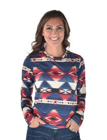 Cowgirl Tuff Womens Western Midweight Red/Blue Poly/Spandex L/S T-Shirt