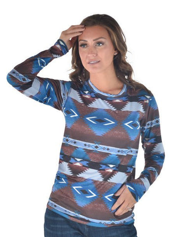 Cowgirl Tuff Womens Western Midweight Brown/Blue Poly/Spandex L/S T-Shirt