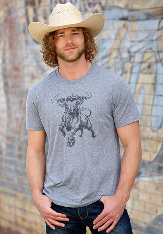 Tin Haul Unisex Hand Drawn Bull Grey Cotton Blend S/S T-Shirt