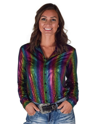 Cowgirl Tuff Womens Foil Lightweight Multi-Color Polyester L/S Shirt