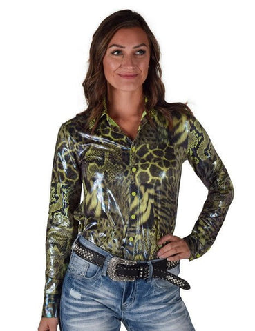 Cowgirl Tuff Womens Shiny Animal Green Polyester L/S Shirt
