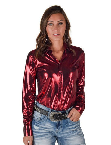 Cowgirl Tuff Womens Shiny Metallic Red Polyester L/S Shirt