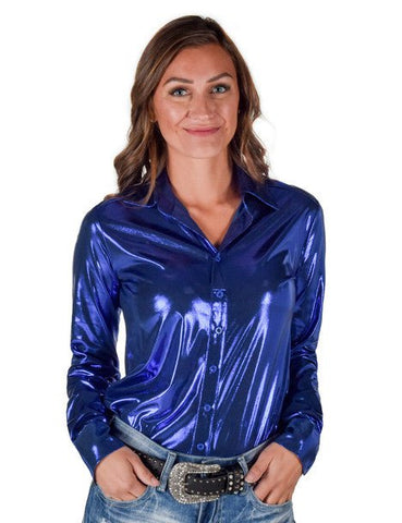 Cowgirl Tuff Womens Shiny Metallic Blue Polyester L/S Shirt