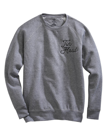 Tin Haul Womens Embroidered Script Grey Cotton Blend Pullover Sweater