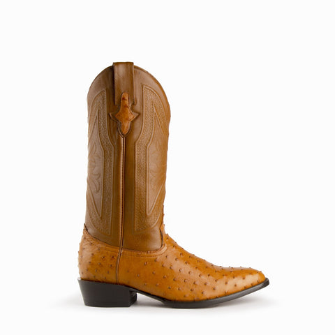 Ferrini Mens Cognac Leather Full Quill Ostrich R-Toe Colt Cowboy Boots