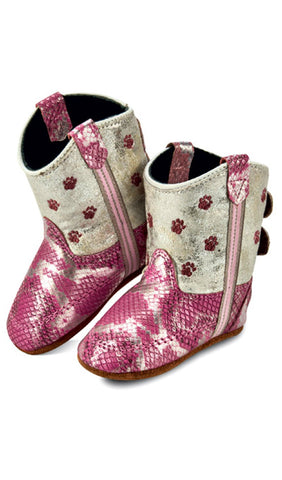 Old West Infant Girls Poppets Pink Silver/White Faux Leather Cowboy Boots