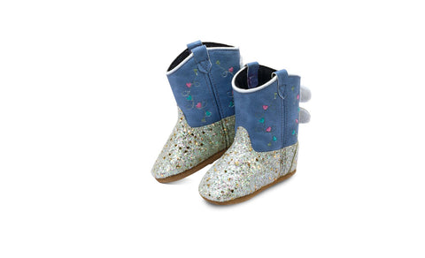 Old West Infant Girls Poppets Sparkling Silver/Sky Faux Leather Cowboy Boots
