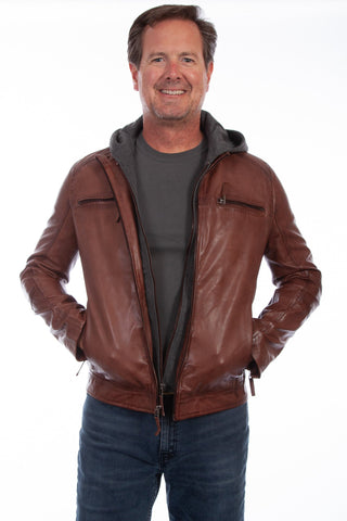 Scully Mens Cognac Lamb Leather Hooded Jacket L