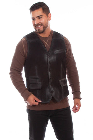 Scully Mens Handsome Western Vintage Black Leather/Canvas Leather Vest