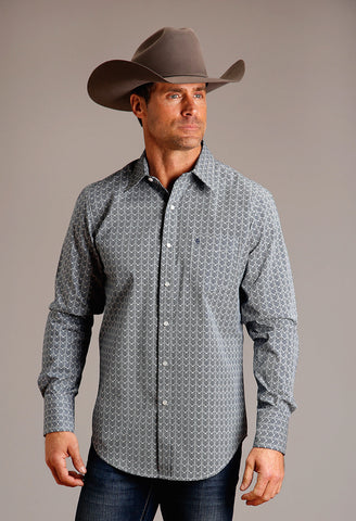 Stetson Mens Chevron Grid Blue 100% Cotton L/S Shirt