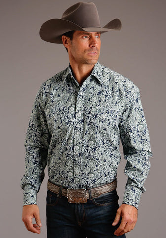 Stetson Mens Blue 100% Cotton Greenspring Paisley L/S 2 Pocket Shirt