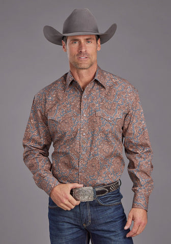 Stetson Mens Copper Paisley Brown 100% Cotton L/S Shirt