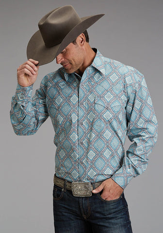 Stetson Mens 1918 Medallion Turquoise 100% Cotton L/S Shirt