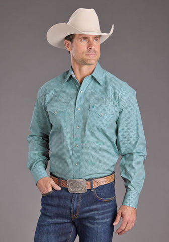 Stetson Mens 2400 Mosaic Geo Blue 100% Cotton L/S Shirt