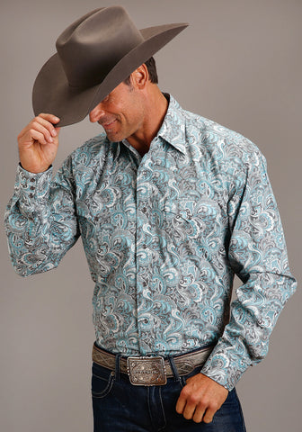 Stetson Mens Silver Sage Paisley Blue 100% Cotton L/S Shirt