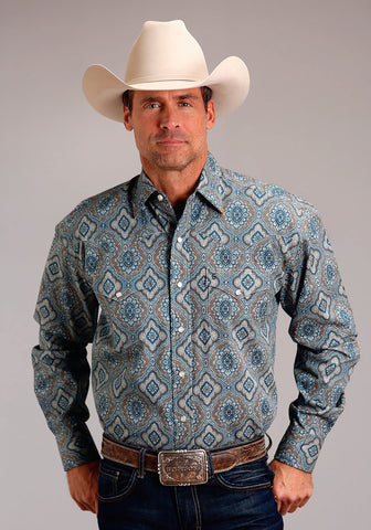 Stetson Mens Sierra Paisley Blue 100% Cotton L/S Shirt