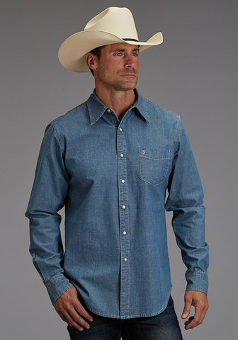 Stetson Mens Chambray Denim Medium Blue 100% Cotton L/S Shirt