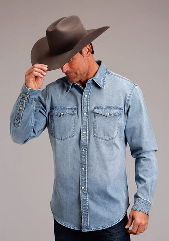 Stetson Mens Denim Snap Light Blue 100% Cotton L/S Shirt