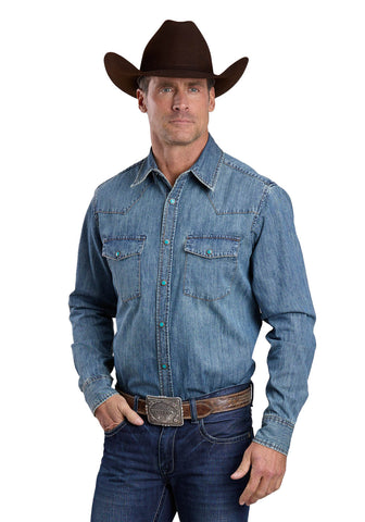 Stetson Mens Turquoise Hex Snaps Stonewashed Denim 100% Cotton L/S Shirt