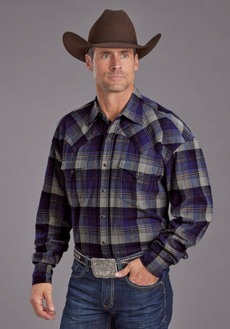 Stetson Mens Brushed Twill Plaid Blue 100% Cotton L/S Shirt