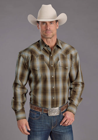 Stetson Mens Sand Dobby Plaid Brown 100% Cotton L/S Shirt