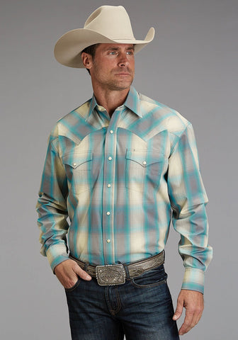 Stetson Mens 1927 Smoke Plaid Turquoise 100% Cotton L/S Shirt