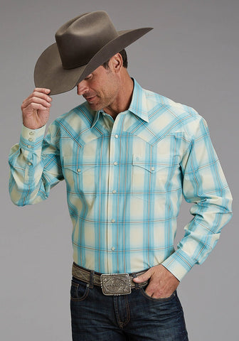 Stetson Mens 1929 Ombre Aqua 100% Cotton L/S Shirt