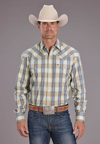 Stetson Mens 2514 Cinnabar Plaid Tan/Blue 100% Cotton L/S Shirt