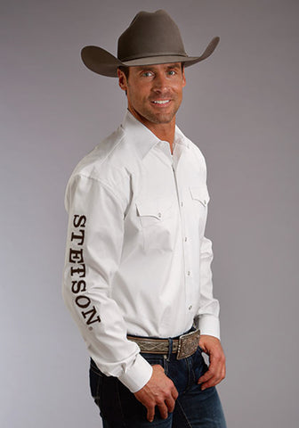 Stetson Mens Bold Logo White 100% Cotton L/S Shirt
