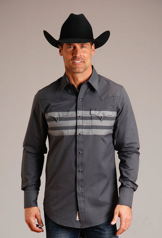 Stetson Mens Border Stripe Black 100% Cotton L/S Shirt