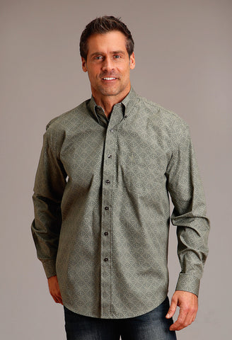 Stetson Mens Tonal Tile Green 100% Cotton L/S Shirt
