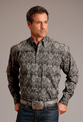 Stetson Mens Vintage Damask Grey 100% Cotton L/S Shirt
