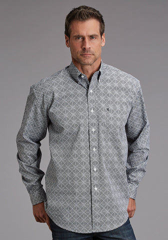 Stetson Mens Ornament Print Navy 100% Cotton L/S Shirt
