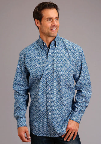 Stetson Mens Blue 100% Cotton Baroque BD L/S 1 Pocket Shirt