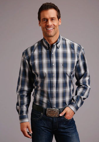 Stetson Mens Blue 100% Cotton Checked Ombre BD L/S 1 Pkt Shirt