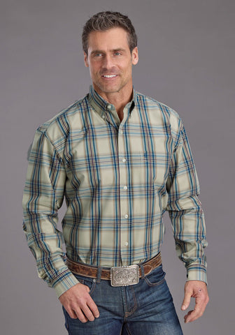 Stetson Mens Vintage Indigo Plaid Blue 100% Cotton 1 Pkt L/S Shirt