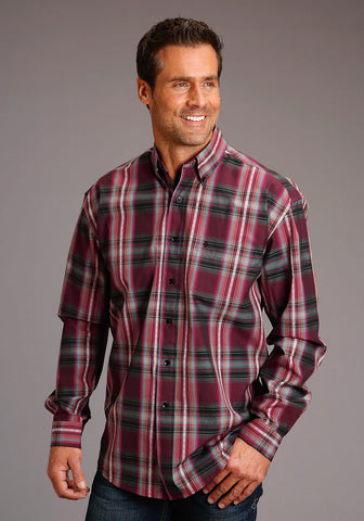 Stetson Mens Red Canyon Dobby Wine 100% Cotton L/S Shirt