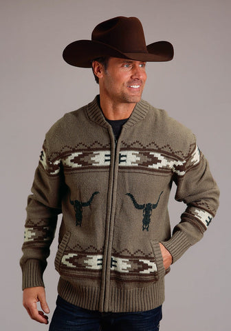 Stetson Mens Long Horn Zip Brown Cotton/Wool L/S Cardigan Sweater