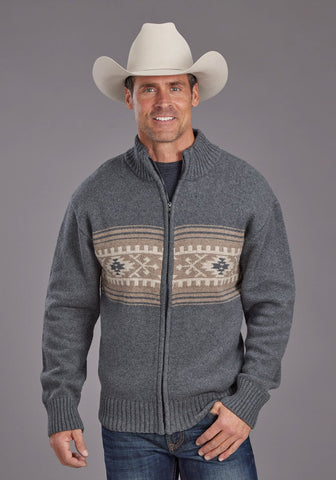 Stetson Mens Serape Border Grey Cotton Blend Cardigan Sweater
