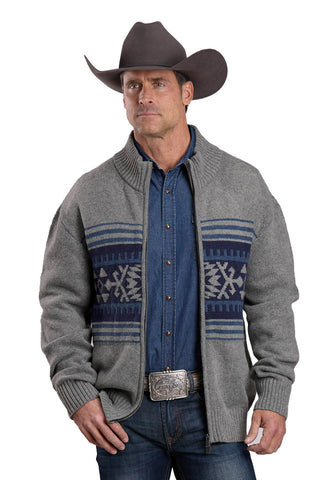 Stetson Mens Aztec Border Zip Front Grey Cotton/Wool Cardigan Sweater